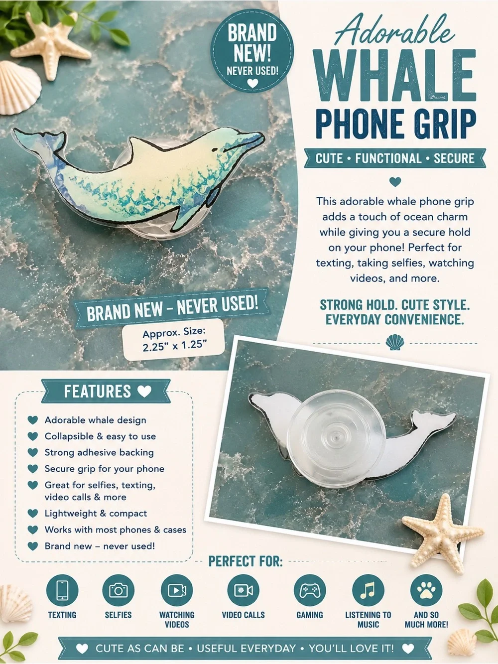 Whale Phone Grip - Teal/White Decorative Phone Handle